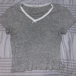 Tilly's Gray Lace Trim Short Sleeve Tee